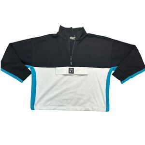 DKNY Sport XL Black White Blue Colorblock 1/4 Zip Crop Pullover Sweatshirt